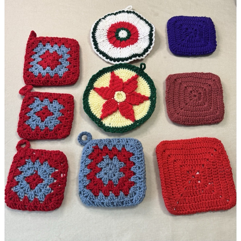 Vintage Handmade Crochet Potholders Trivets Set‎ Colorful Cotton Kitchen Decor
